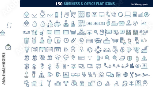 collection de 150 icônes et pictogrammes vectoriels modernes illustrant la finance, le travail, l'informatique et la vie au bureau