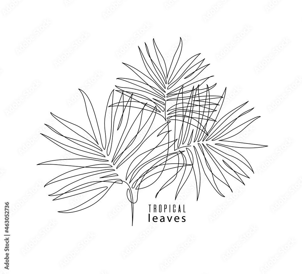 Tropical label with palm tree leaves, continuous drawing. Outline symbol, line icon, trendy pattern, beach print.