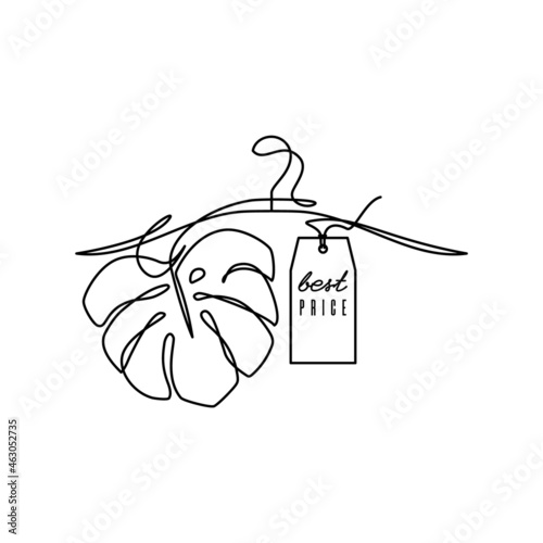 Coat hanger with a monstera leaf and price tag. Line style hanger icon. Sign, symbol, label for clothing store, fashion industry, dry cleaned, atelier. Graphic illustration, simple vector drawing.