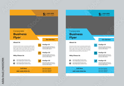Corporate business flyer template design set with blue, magenta, red and yellow color. marketing, business proposal, promotion, advertise, publication, cover page.