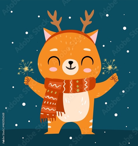 Cute ginger cat in Christmas scarf holding sparklers. Cartoon winter vector character with sparklers for Happy New year greeting card, poster design
