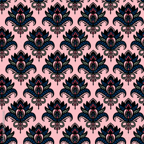 Damask flower seamless repeat pattern. Hand drawn, doodle paisley folk all over surface print on pink background.