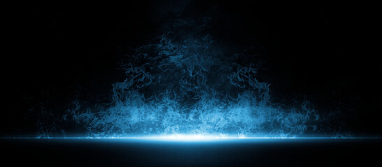 Dark street asphalt abstract dark blue background, empty dark scene, the flame is burning with smoke float up the interior texture for display products