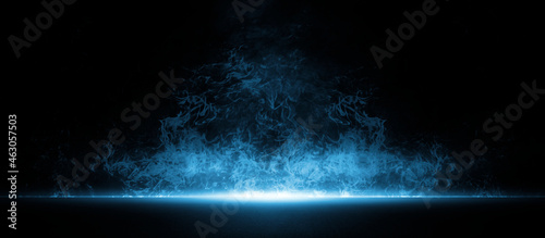 Dark street asphalt abstract dark blue background, empty dark scene, the flame is burning with smoke float up the interior texture for display products photo
