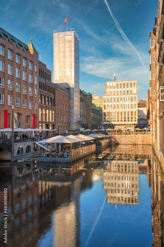 Canals and shops in Speicherstadt Hamburg, Germany
