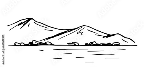 Simple vector ink sketch. Shore of a mountain lake, bushes, calm water. Landscape, nature, tourism and travel. For printing postcards, labels. Black outline drawing.