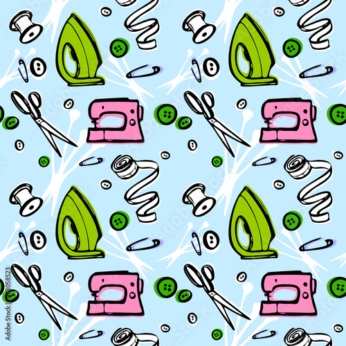 sewing kit set for fashion designer. tailoring atelier - vector seamless pattern. iron, sewing machine, scissors.