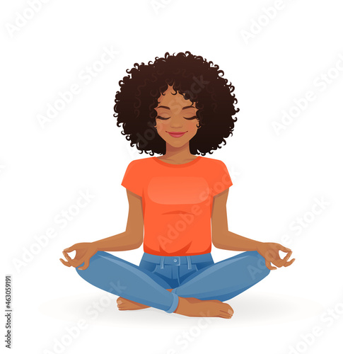 Young african beautiful woman practicing yoga sitting in lotus pose with crossed legs isolated vector illustration