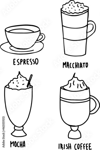 Different coffee drinks isolated on white background. Espresso macchiato chocolate ristretto mocha irish cocoa frappe glace americano latte cappuccino.