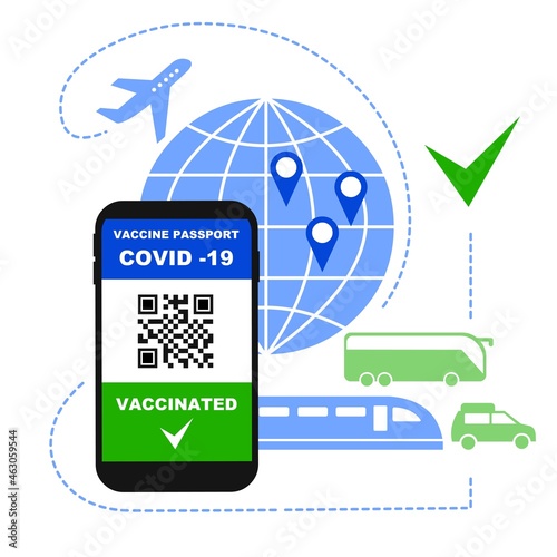 The concept of permission to travel by plane, train, bus, car around the world with a certificate of vaccination from covid-19. Health passport in a smartphone with a QR code and a tick. Flat vector.
