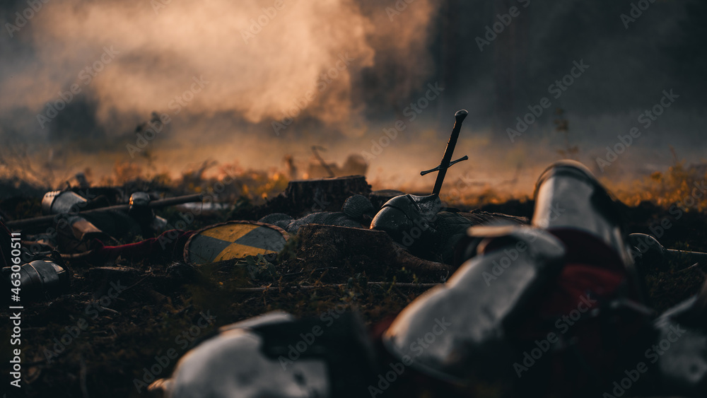 After Epic Battle Bodies of Dead, Massacred Medieval Knights Lying on Battlefield. Warrior Soldiers Fallen in Conflict, War, Conquest, Warfare, Colonization. Cinematic Dramatic Historical Reenactment - obrazy, fototapety, plakaty 