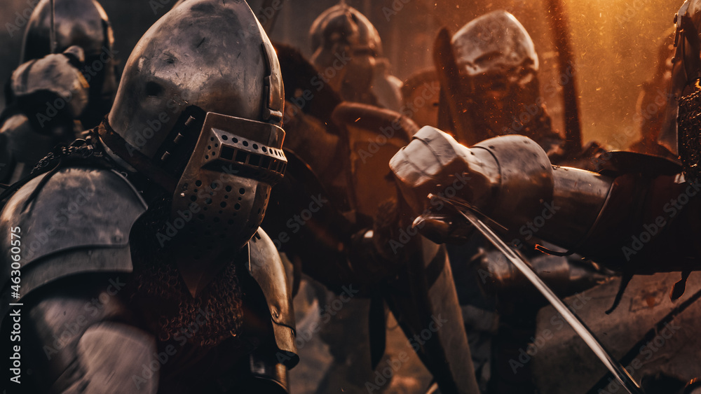 Epic Battlefield: Armies of Medieval Knights Fighting with Swords. Battle of Armed Warrior Soldiers Attacking Enemy. Conflict, War, Conquest, Warfare. Cinematic Historical Reenactment.