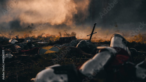 Fotografia After Epic Battle Bodies of Dead, Massacred Medieval Knights Lying on Battlefield