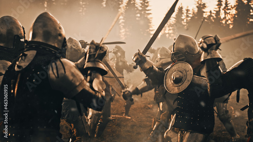 Obrazy rycerze  epicka-potyczka-gdzie-uzbrojeni-rycerze-walcza-w-pyle-bitewnym-na-miecze