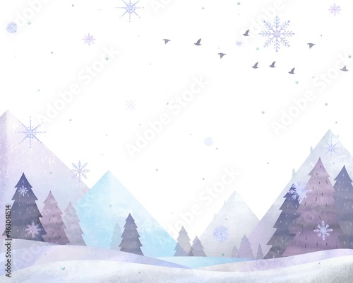 北欧風山のある水彩画、冬の木々と渡鳥の飛ぶ雪の結晶のベクター白バックフレームイラスト素材