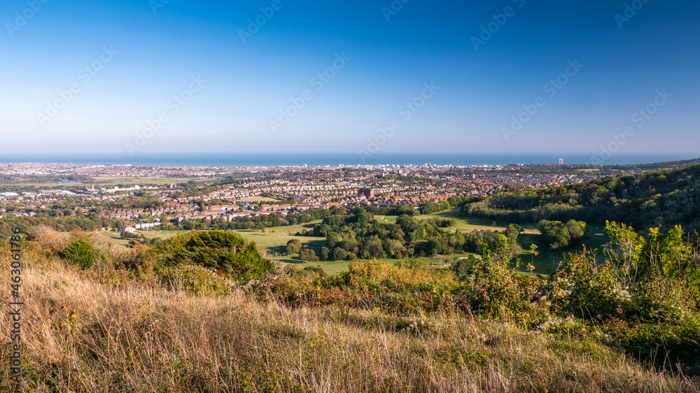 Eastbourne, East Sussex, England, UK. An elevated view of the English south coast seaside resort town taken from the South Downs.