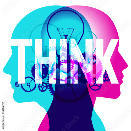 A male and female side silhouette positioned back-to-back, overlaid with various sized light bulbs and gears shapes representing the mind machine. Overlaid across the centre is the word “THINK”.