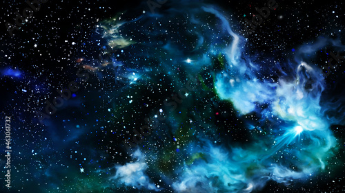 Starry space with a nebula background / Illustration nebula in space. Horizontal banner, digital painting