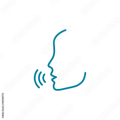 Human voice line icon. Person speaking with sound symbol. Sound of voice recognition. Biometrics forensic science. Identity authentication. Speech identification. Vector illustration, flat, clip art.