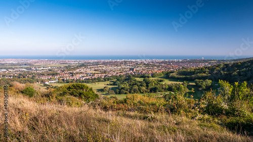 Eastbourne, East Sussex, England, UK. An elevated view of the English south coast seaside resort town taken from the South Downs.