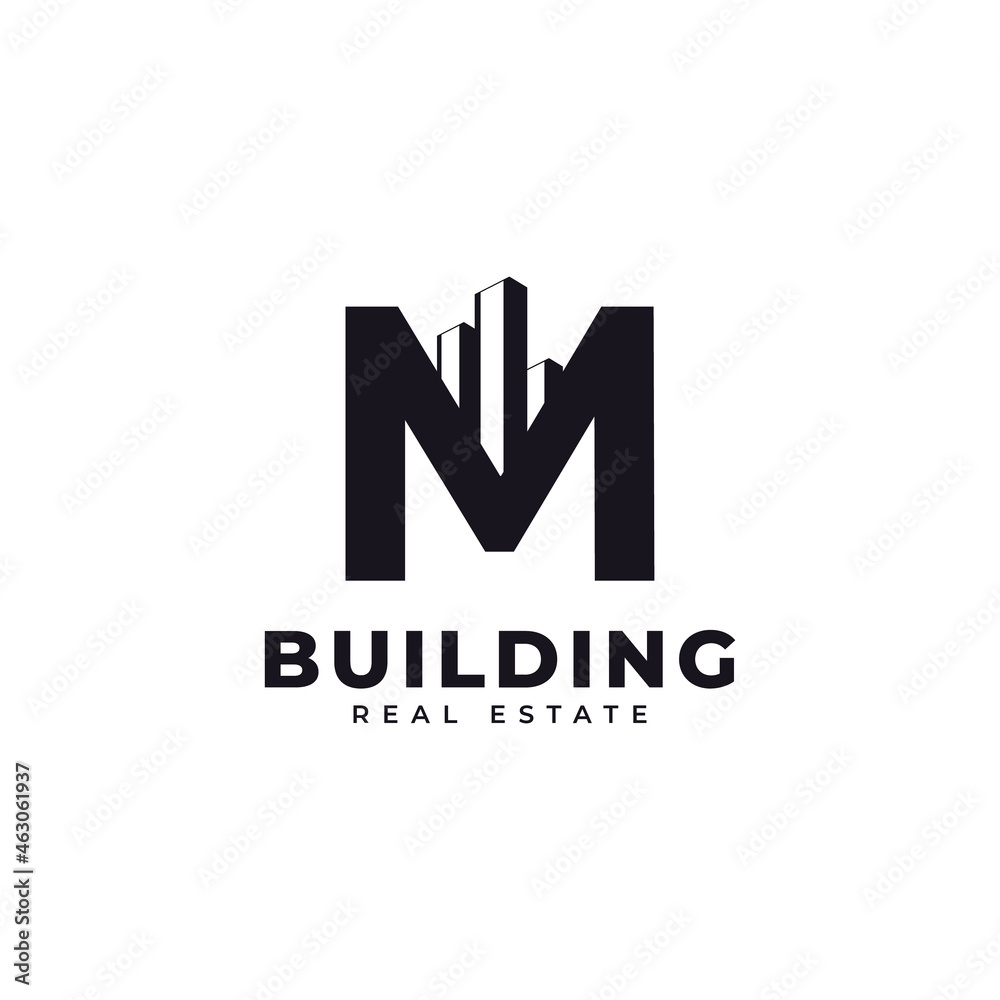 Real Estate Icon. Letter M Construction with Diagram Chart Apartment City Building Logo Design Template Element