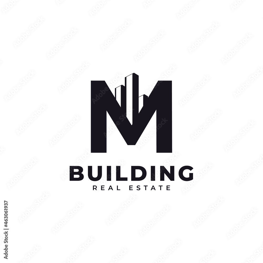 Fototapeta premium Real Estate Icon. Letter M Construction with Diagram Chart Apartment City Building Logo Design Template Element