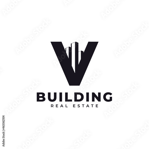Real Estate Icon. Letter V Construction with Diagram Chart Apartment City Building Logo Design Template Element
