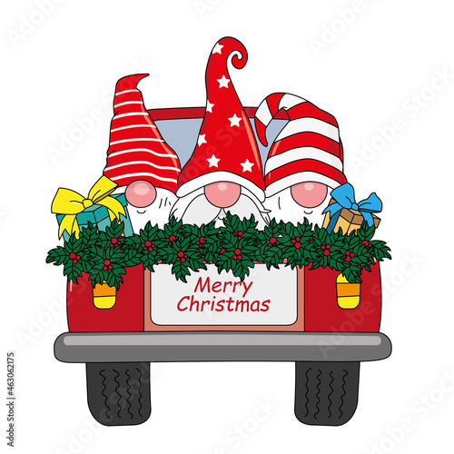 Christmas card. Gnomes in a car with gifts. isolated vector