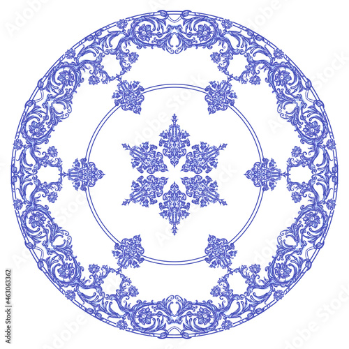 Azulejos - Portuguese round blue watercolor pattern. Traditional tribal ornament. Capri Maiolica. Delft Blue and White