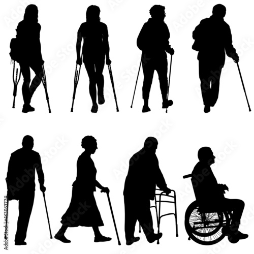 Set silhouette of disabled people on a white background
