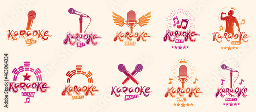 Karaoke logos and emblems vector set, microphones and musical notes singing party or club compositions isolated collection, music entertainment nightlife weekend holidays or birthday theme.