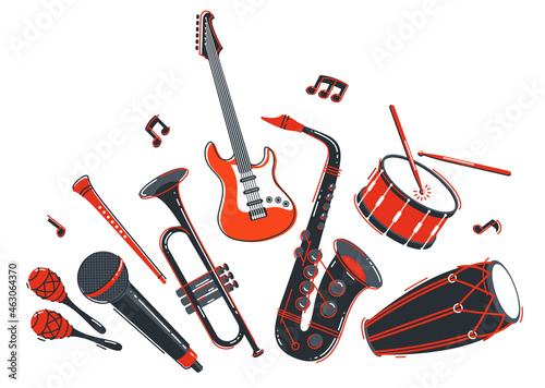 Jazz music band concept different instruments vector flat illustration isolated on white background, live sound festival or concert, musician different instruments set.