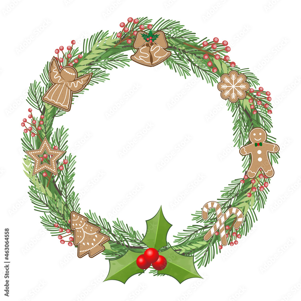 Fototapeta premium Christmas wreath and gingerbread, Christmas and New Year illustration