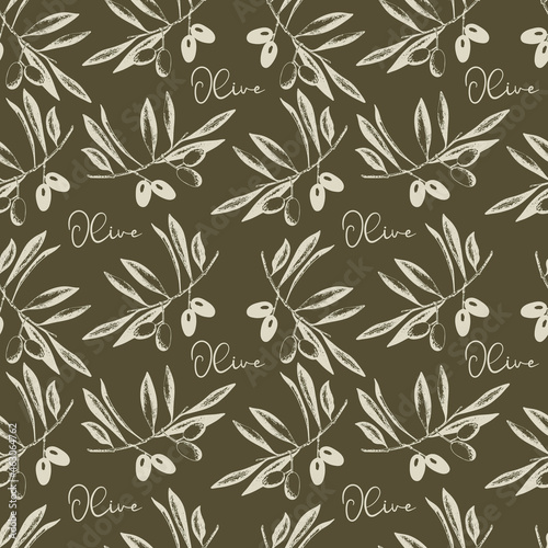 Olives branch with fruits and leaves Seamless pattern, imprint, stamp, sketch. Vector illustration
