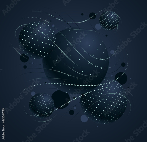 Abstract black dotted spheres vector background, composition of flying balls decorated with dots and lines, 3D mixed globes