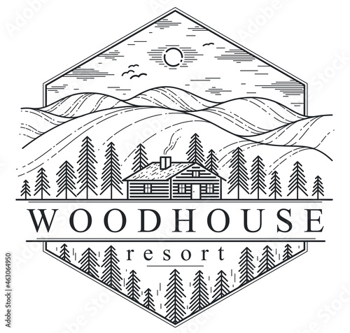 Cabin in grasslands and meadows linear vector nature emblem isolated on white, pine forest log cabin cottage for rest, holidays and vacations theme line art logo, beauty in nature, woodhouse resort.