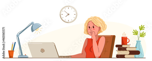 Girl office worker pensive concentrated on her work vector flat illustration isolated, serious attentive worker seriously thinking on a project, comfortable workplace.