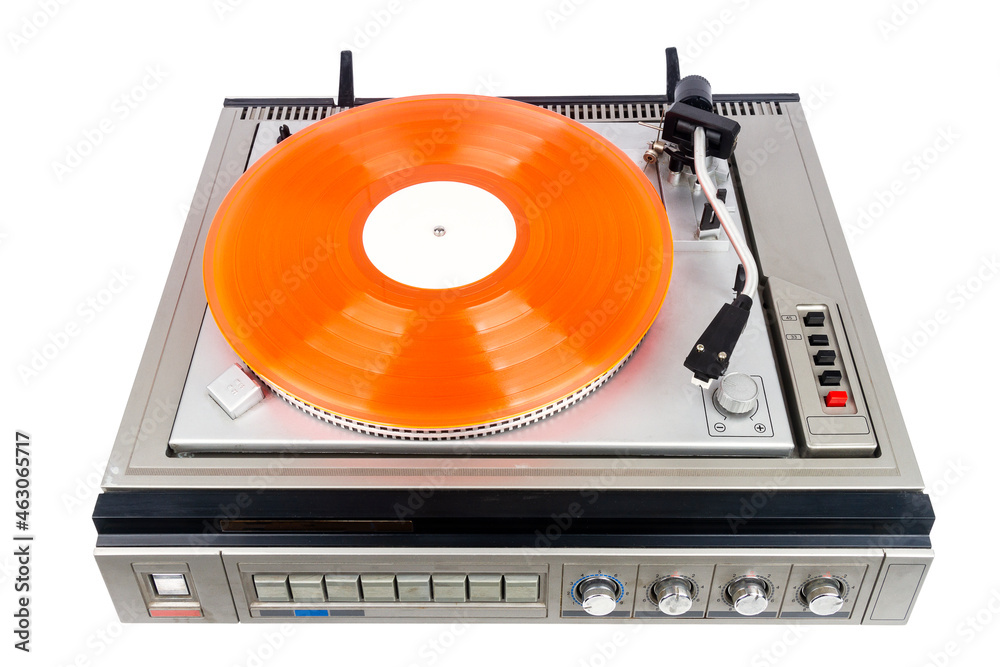 Fototapeta premium Vintage turntable record player with red vinyl