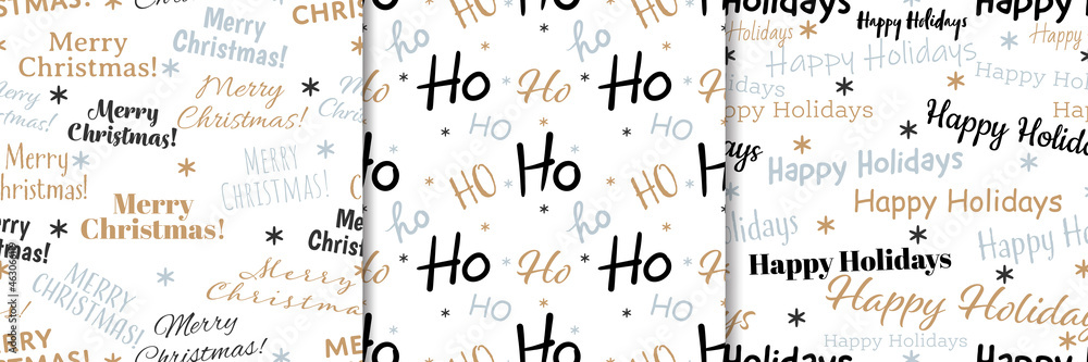 Christmas holiday season seamless pattern set of Merry Christmas text, Ho text and Happy Holidays text with tiny snowflakes on white background. Vector illustration. Christmas holiday season seamless pattern set of Merry Christmas text, Ho text and Happy Holidays text with tiny snowflakes on white background. Vector illustration.