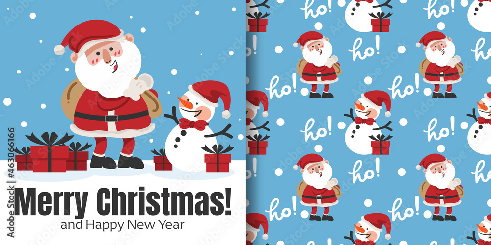 Christmas holiday season banner with Merry Christmas text and seamless pattern of Santa Claus with gift bag, gift boxes and snowman on light blue background. Vector illustration. Christmas holiday season banner with Merry Christmas text and seamless pattern of Santa Claus with gift bag, gift boxes and snowman on light blue background. Vector illustration.