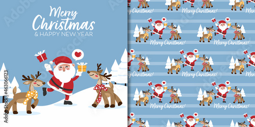 Christmas holiday season banner with Merry Christmas and Happy New Year text and seamless pattern of cute reindeers wear scarf and santa clause hold a gift box on  light blue background.