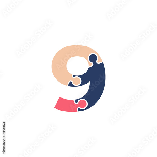 Number 9 with Team Puzzle Jigsaw Connectivity Logo Design Template Element