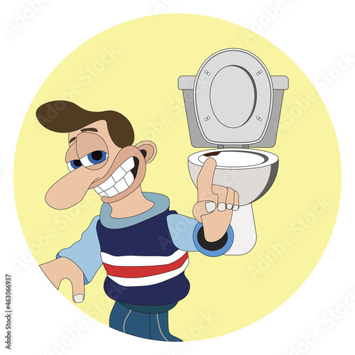Man with a cheeky smile and big nose pointing at a poo in the toilet round sticker label
