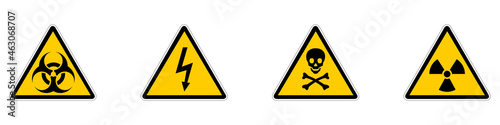 Set of hazard warning signs. Black yellow triangle warning safety and caution signs.