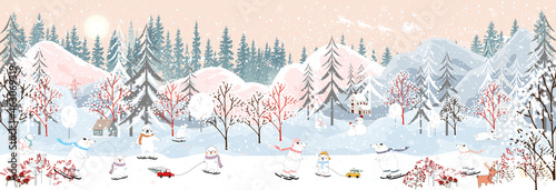 Happy New Year 2022 with winter landscape in city with polar bear celebrating on Christmas eve.Winter wonderland in the town with happy bears sledding and skating in the park