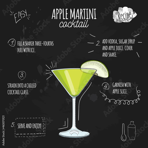 Hand drawn colorful fresh summer drink Appletini recipe on blackboard