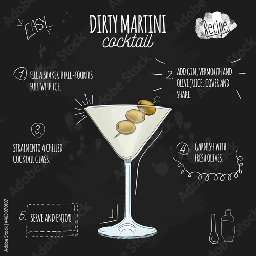 Hand drawn colorful fresh summer drink Dirty Martini on blackboard