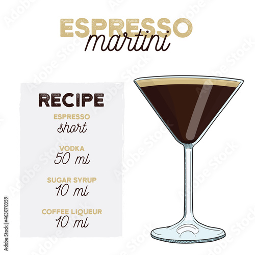 Hand Drawn Colorful Espresso Martini Summer Cocktail. Drink with Ingredients