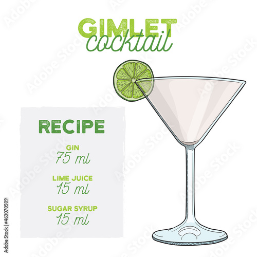 Hand Drawn Colorful Gimlet Summer Cocktail. Drink with Ingredients