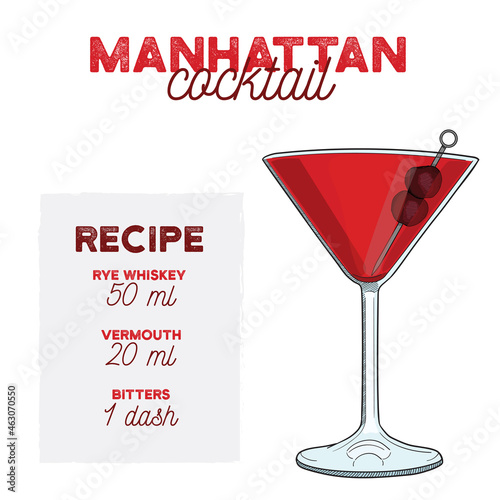 Hand Drawn Colorful Manhattan Summer Cocktail. Drink with Ingredients